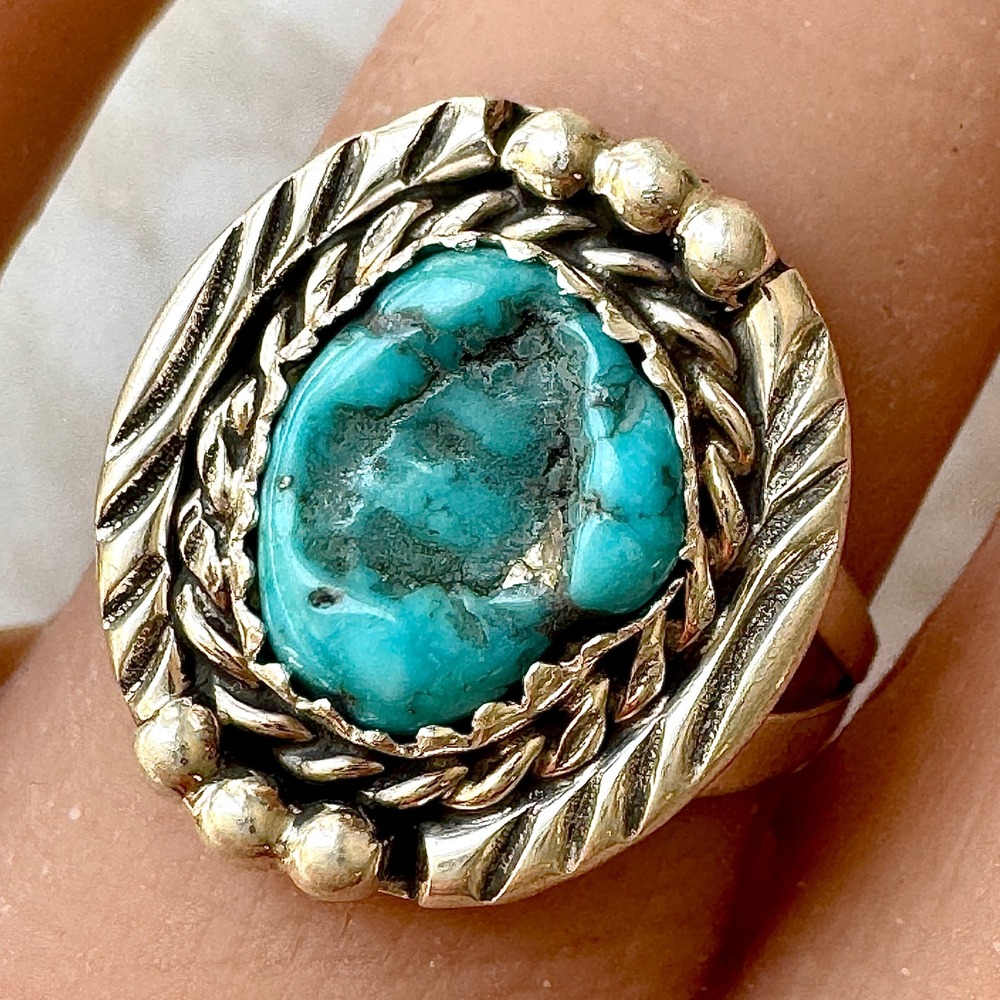 Navajo Turquoise Ring Sz 6.5 Sterling Begay Native American Tooled Rope‎ Bezel